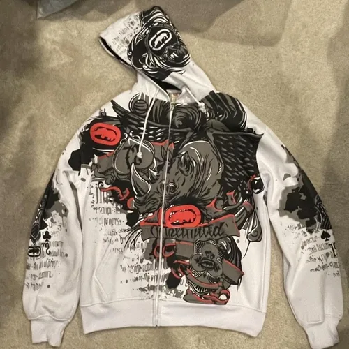 Ecko-Sudadera con capucha gótica oscura con estampado de calavera y ojo para hombre y mujer, ropa de calle Punk, sudadera negra de gran tamaño, Jersey informal artístico desgastado