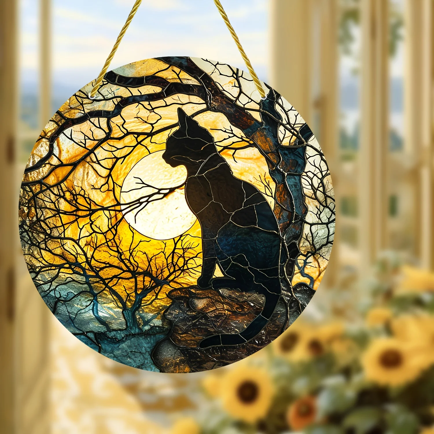 Black Cat Before Sunset Art Stained Window Hanging,Sun Catcher,Sunshade,Family,Lover,Yard,House,Home,Door Welcome