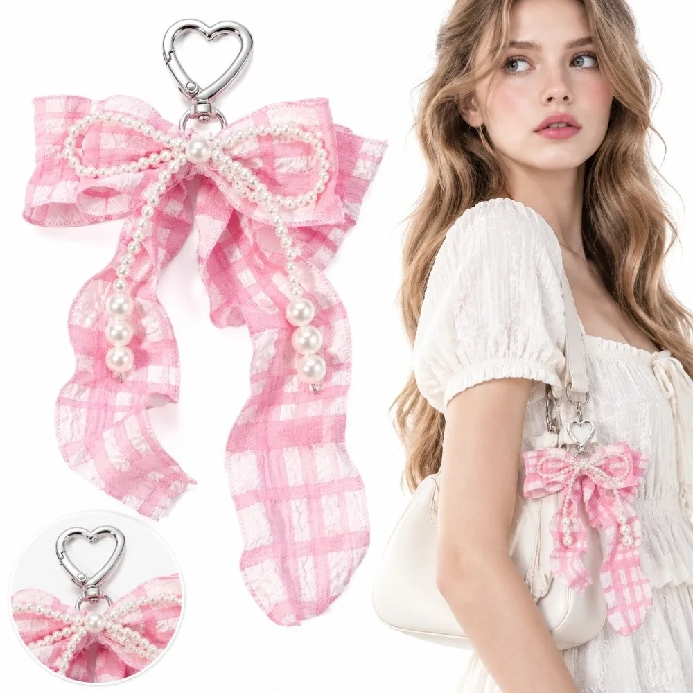 Gifts Faux Pearl Flower Keychain Ribbon Bow Heart Buckle Bag Pendant DIY Jewelry Hanging Bowknot Charm for Women Girls