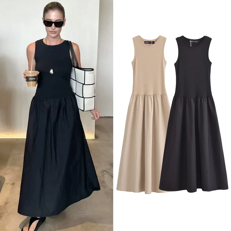 Abiti lunghi neri da donna Abiti eleganti senza maniche primaverili Abiti casual vintage da festa color kaki