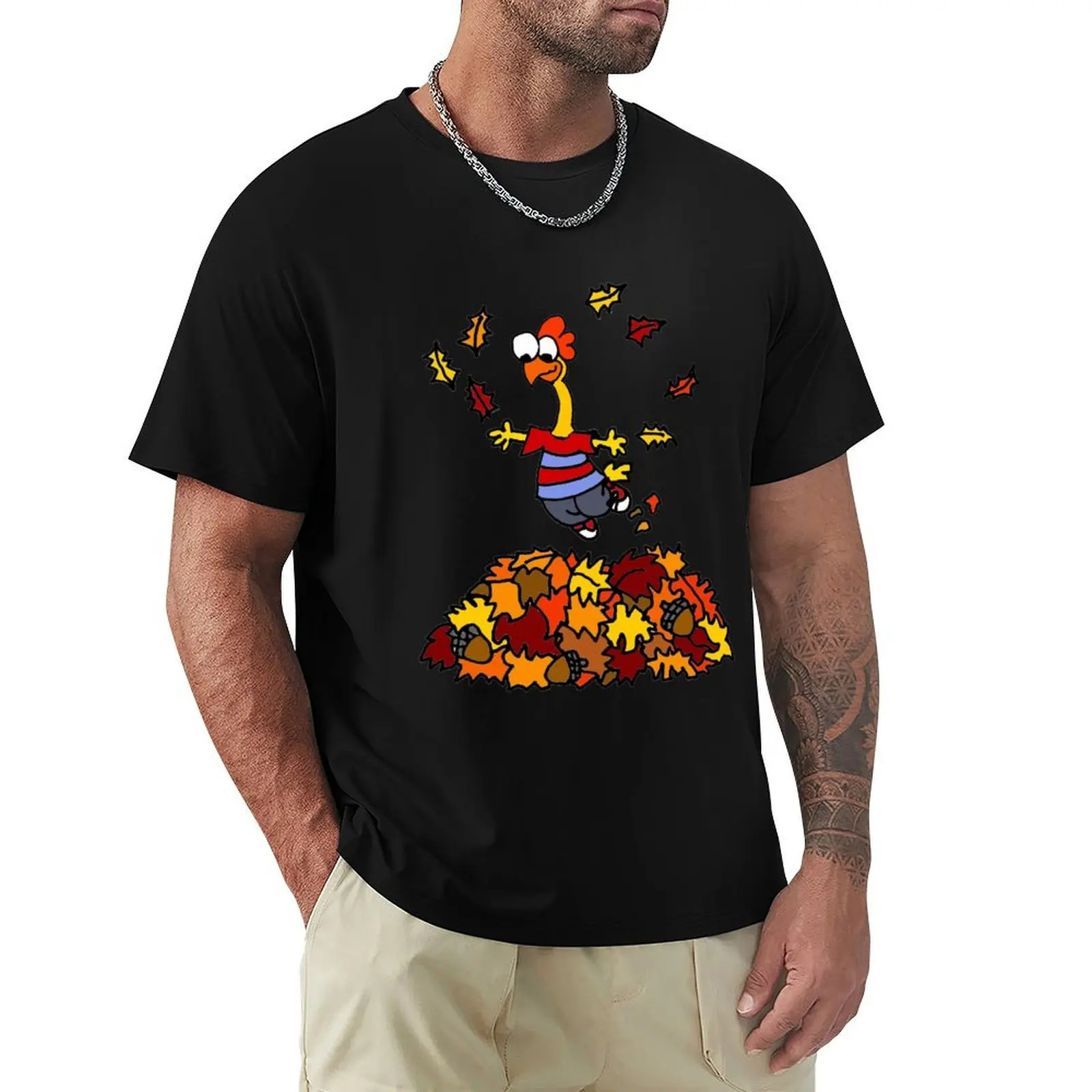 Funny Rubber Chicken Jumping in Leaf Pile T-Shirt man t shirt graphic T-Shirt