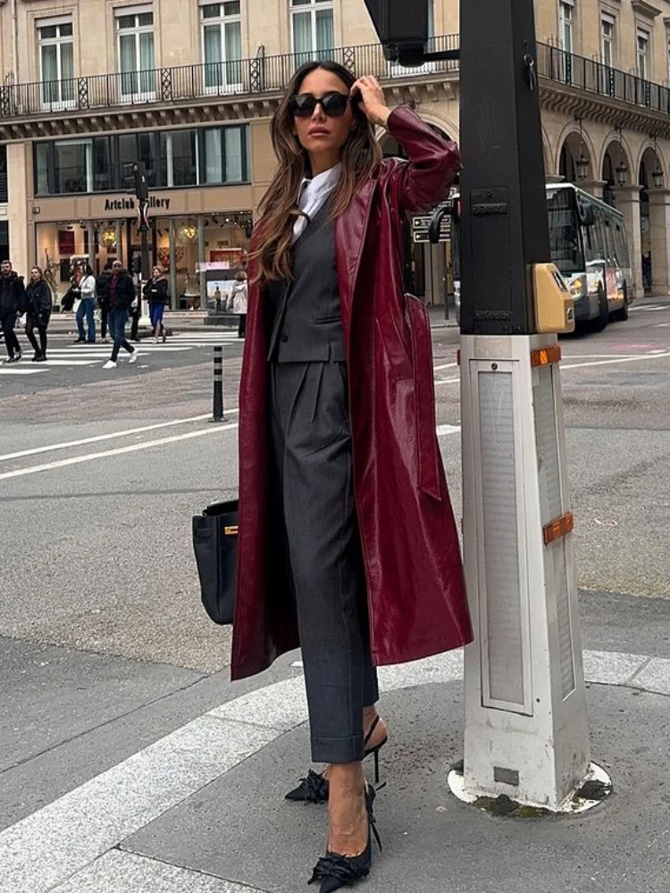 2024 Chic Burgundy Patent Leather Overcoat With Belt Women Fashion Lapel Pockets Loose Cardigan Jacket Female High Streetwear