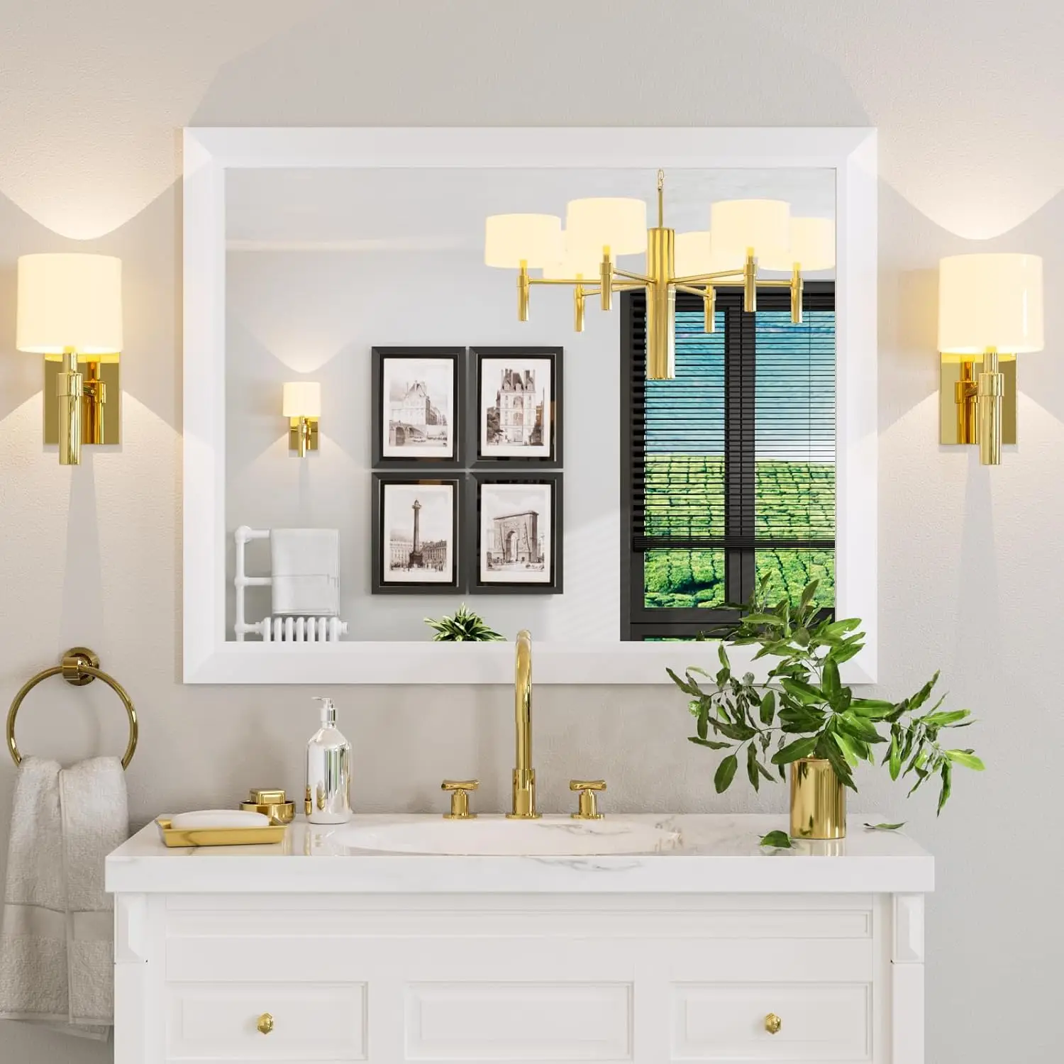 Wall Mounted Bathroom Mirror 40x32 Inch White HD Reflection Tempered Glass Thick Metal Framed Rectangle Over Sink Vanity Bedroom