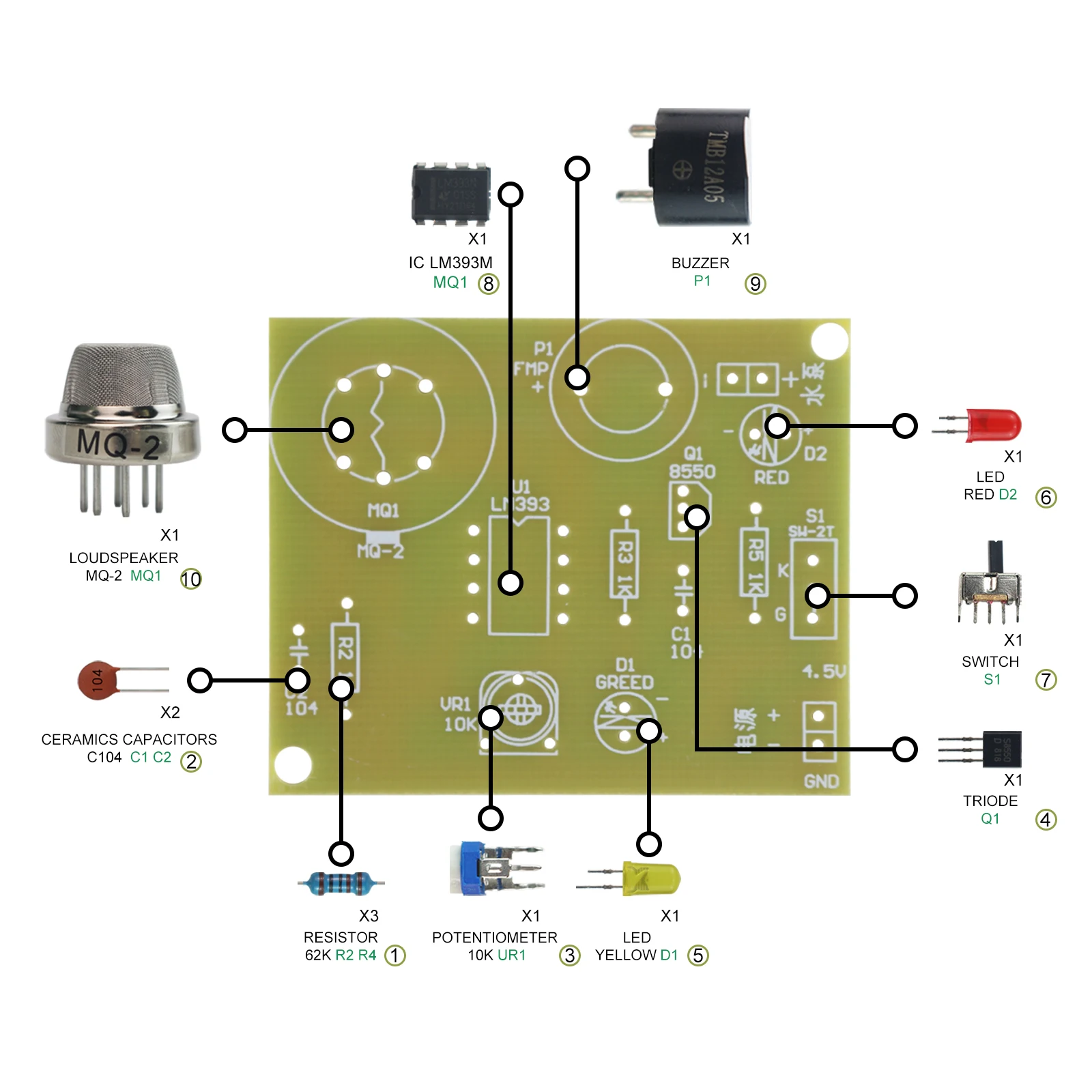 DIY Electronic Smoke Gas Alarm Kit, sensor de gás nocivo, projeto de solda para a aprendizagem, MQ-2