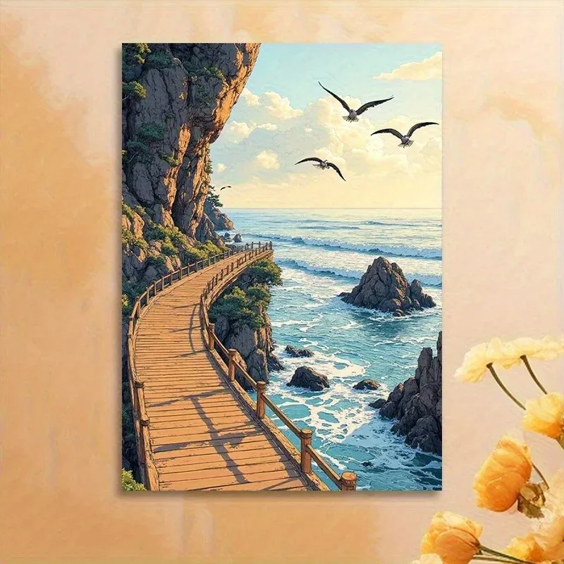 Frameless Serene Seaside Wall Art Canvas Print - Coastal Landscape with Birds & Cliff Walkway, Vibrant Colors, Perfect
