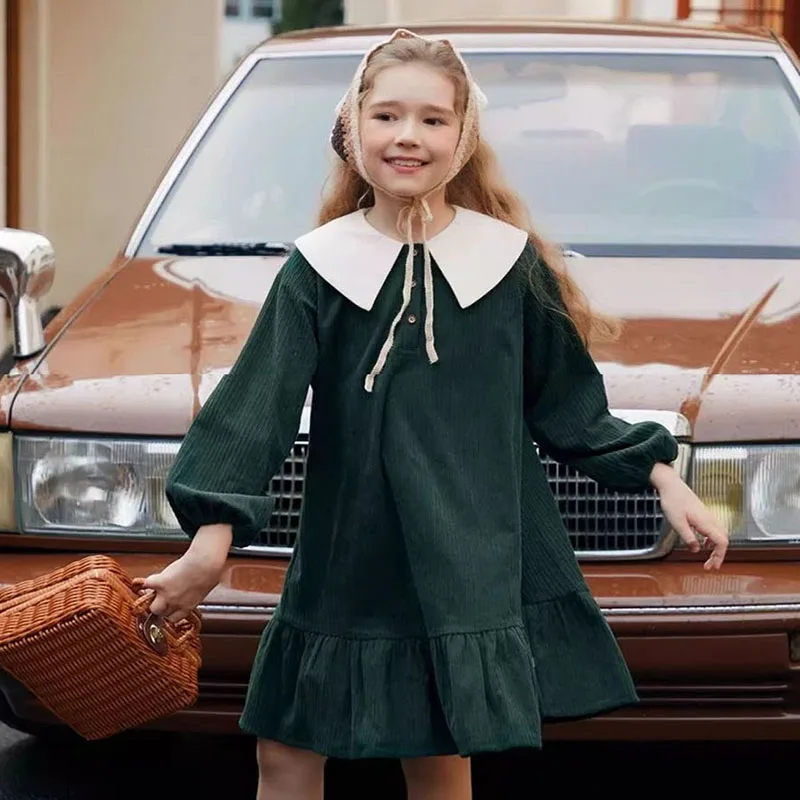 

Corduroy Big Girls Casual Fall Ruffle Midi Dress New 2025 Solid Color Swing High Waist Girl Long Sleeve Dresses Ruffled Lapel