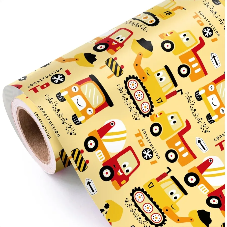 

Construction Wrapping Paper Roll Mini Roll 17 Inch x 9.8 Feet Yellow Digger Tractor Truck Design for Boys Birthday Shower