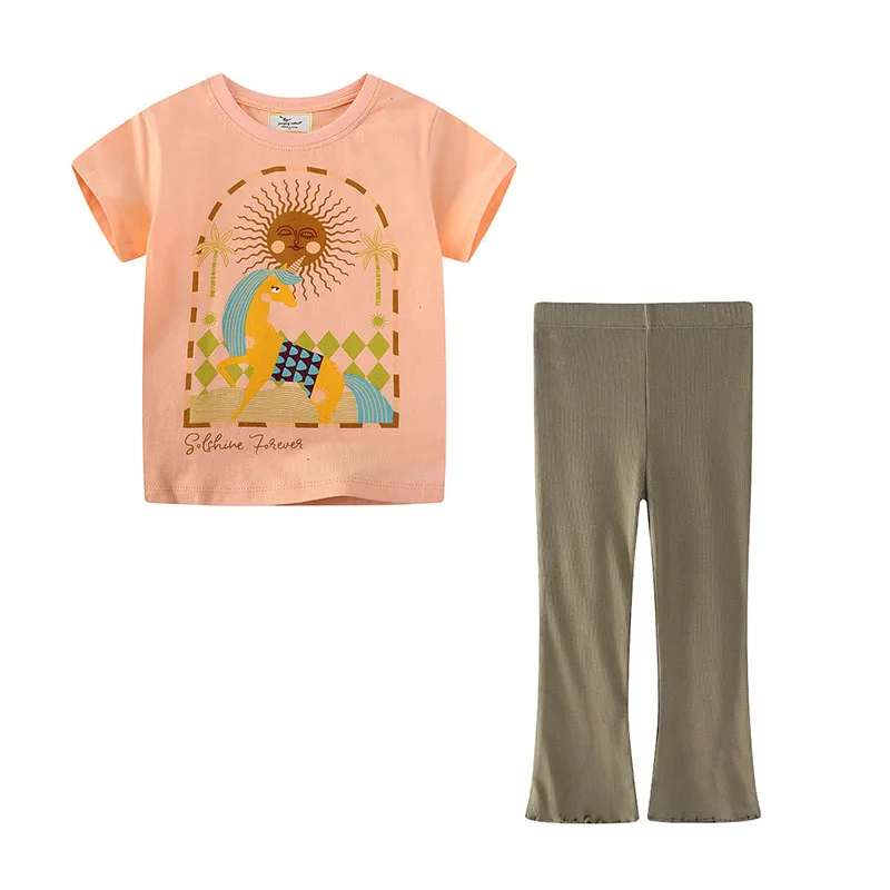 

Jumping Meters Girls Clothing Sets Kids Suits 2 Pcs Tops + Boot Cut Leggings Baby Costume Summer Short Sleeve Kids Wear Outfits