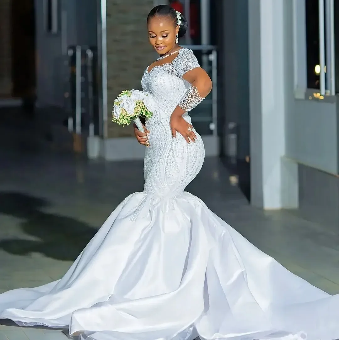 Customized African Sparkly Pearls Beads Charming Wedding Dress Robe De Mariée  Mermaid Illusion Full Sleeves Bridal Gown