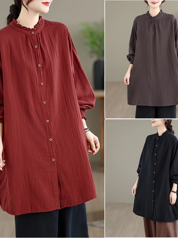 

Double Layer Cotton irt Women's plus Size Design Sensation Retro Long Sve irt Front Ba Wear Korean Japanese Brand