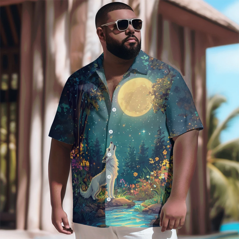 New Hawaiian Goth Men Shirt for Men Forest White Wolf Printed Casual Short Sleeve Tops Vintage Plus Size Summer Shirts