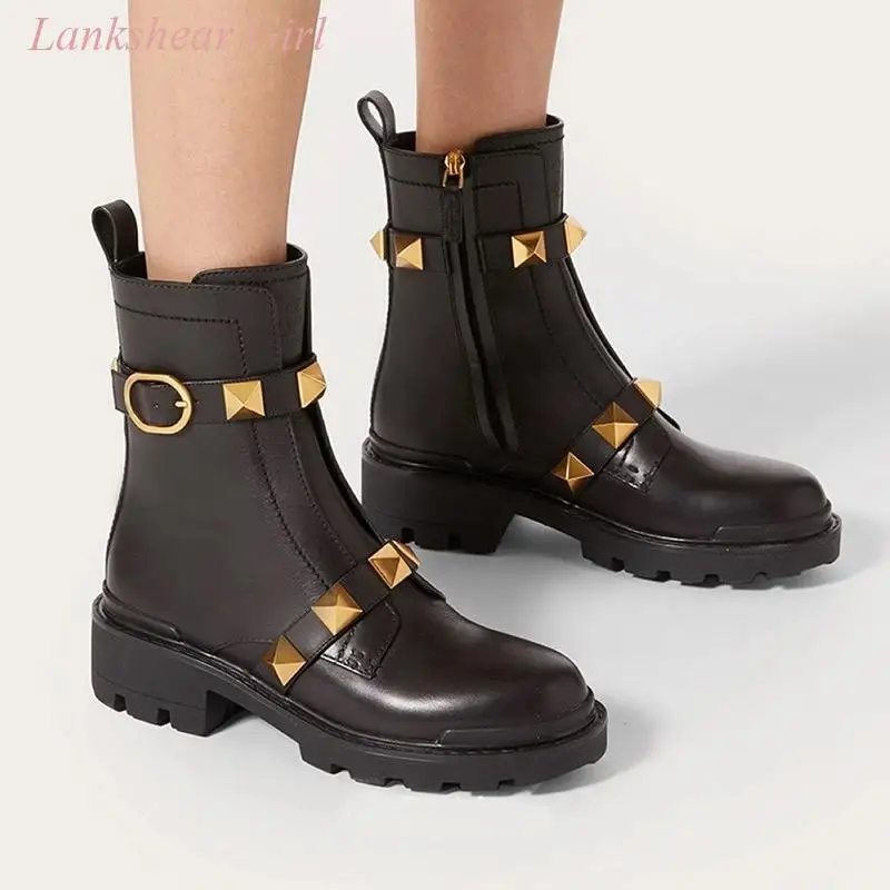 

New Desigen Women's Roman Stud Calfskin Combat Boot Brass Buckle Round Toe Height Increasing Size Zipper Ankle Boots