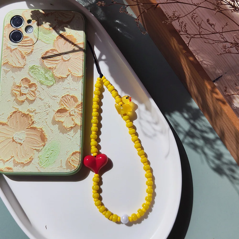 HERLOOK Yellow Bead Phone Charm Love Heart Chain Y2K Accessories Summer Duck Phone Strap Jewelry Lanyard Free Shipping