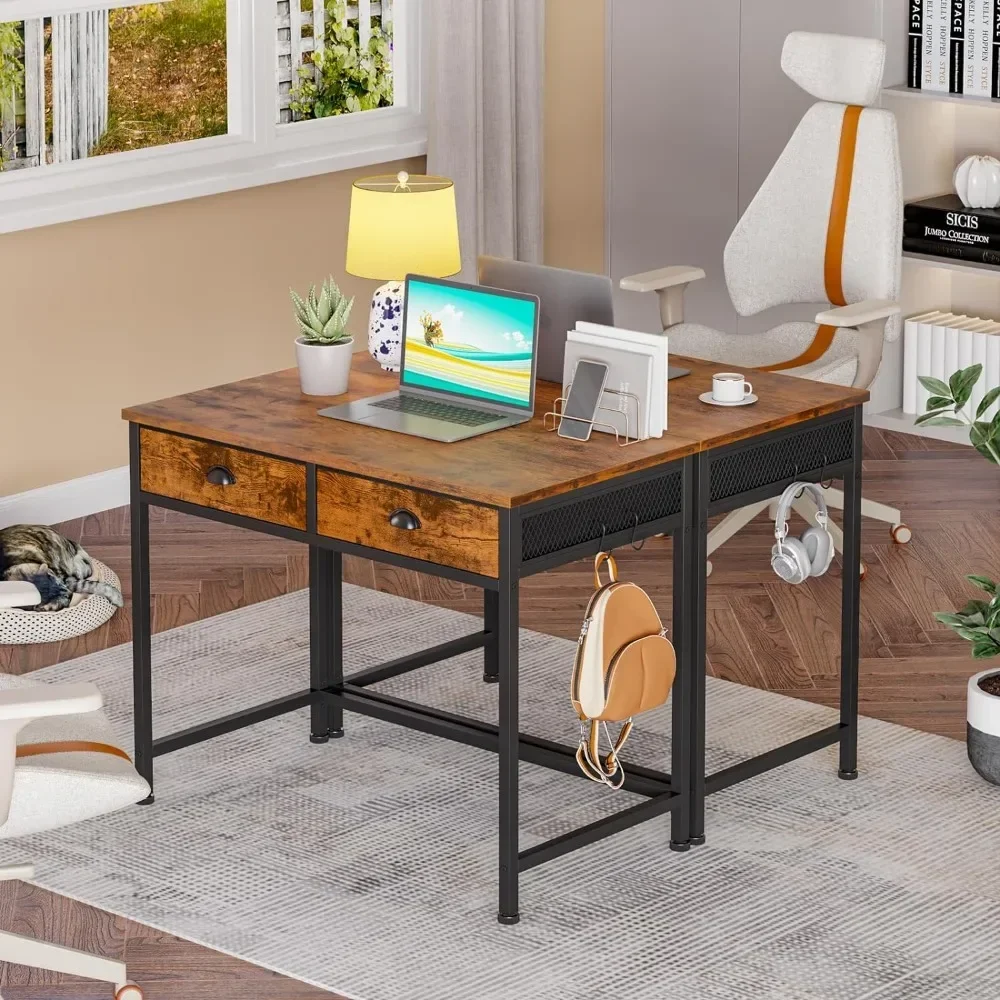 Computer Desk with 2 Fabric Drawers, 36 Inch Small Home Office Writing Desk, Vanity Desk with Hooks