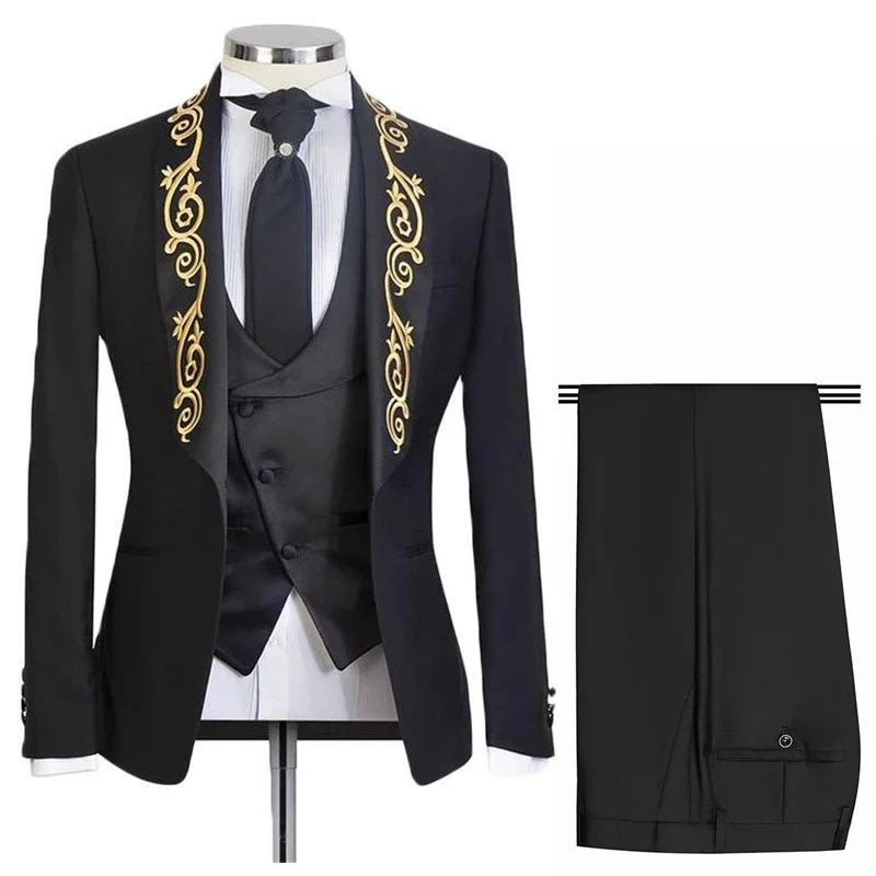 Wedding Tuxedos Gold Embroidery Black Formal Men Suits Shawl Lapel 3 Pieces Custom Male Fashion Costume Jacket Vest Pants 2024