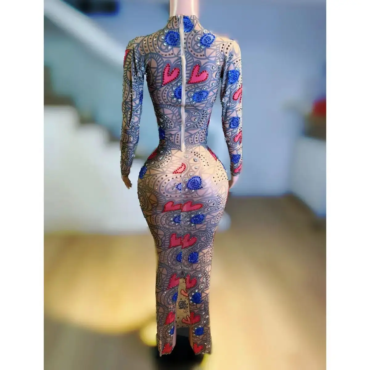 Bar DJ club nocturno mujer cantante actuación disfraz Sexy estampado completo de diamantes falda larga adelgazante equipo de baile fiesta tema espectáculo