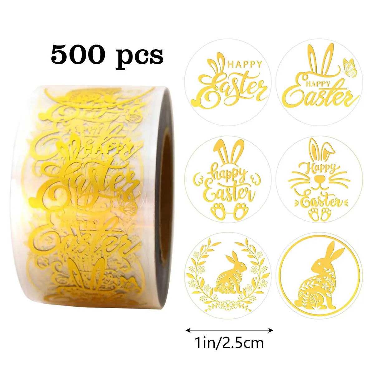 500Pcs Easter Bunny Stickers Roll Gold Foil Rabbit Decals, Spring Sparkly Self Adhesive Seal Stickers 1inch