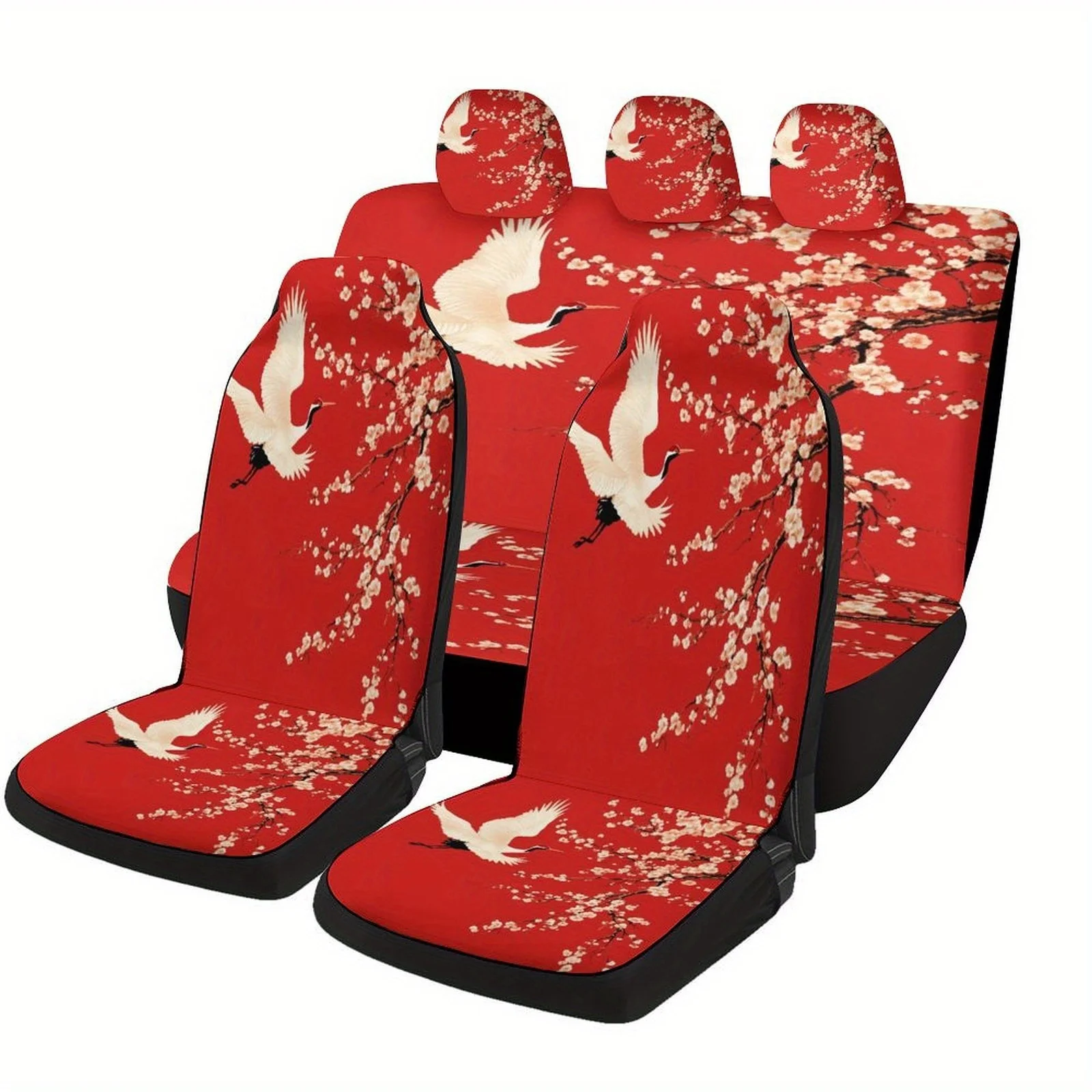 Flying Crane And Cherry Blossoms Themed Car Seat Cover Set | Universal Fit, Polyester, Non- Fabric, Full Set For 2 Front Seats A