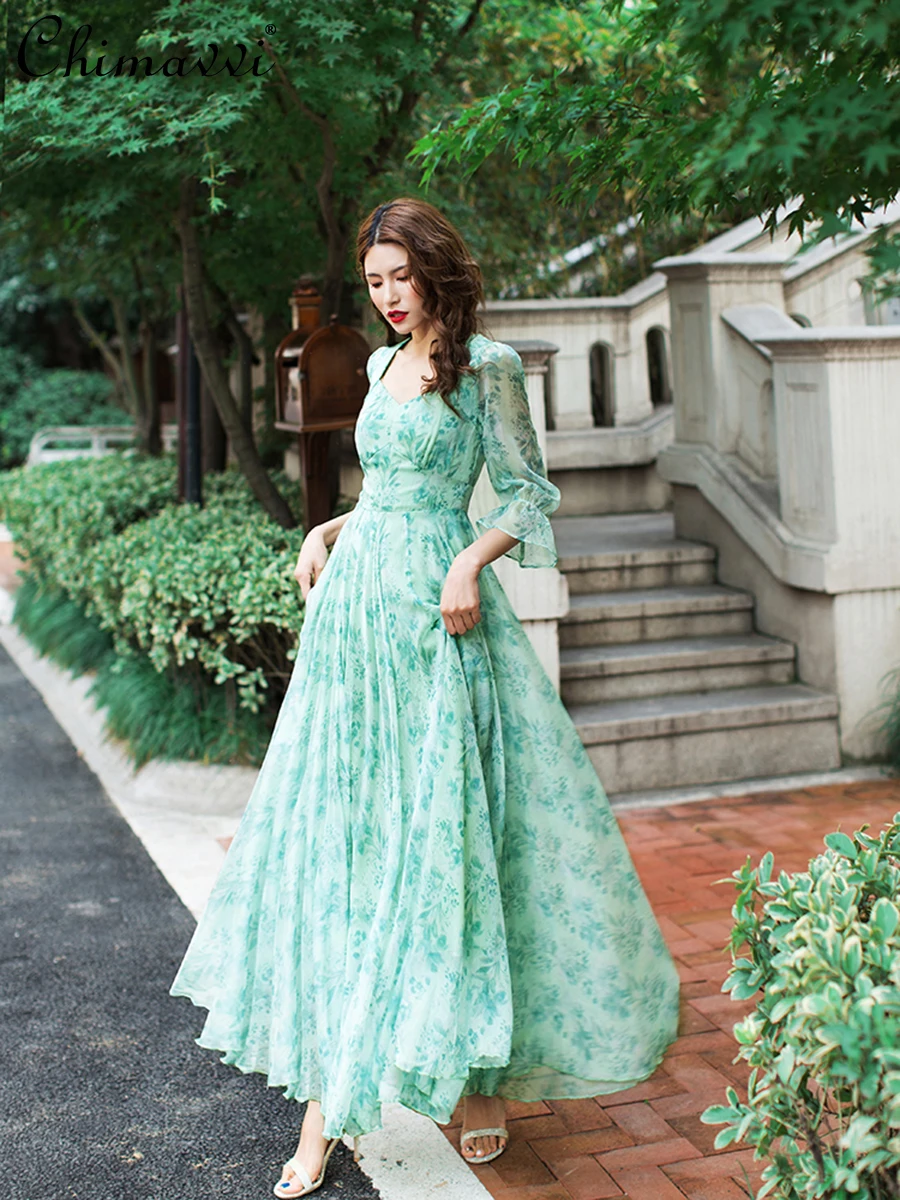 Green French Vintage Court Style Holiday Dress 2024 Summer Dresses New Fashion High Waist Slim-fit Elegant Women's Maxi Dresses