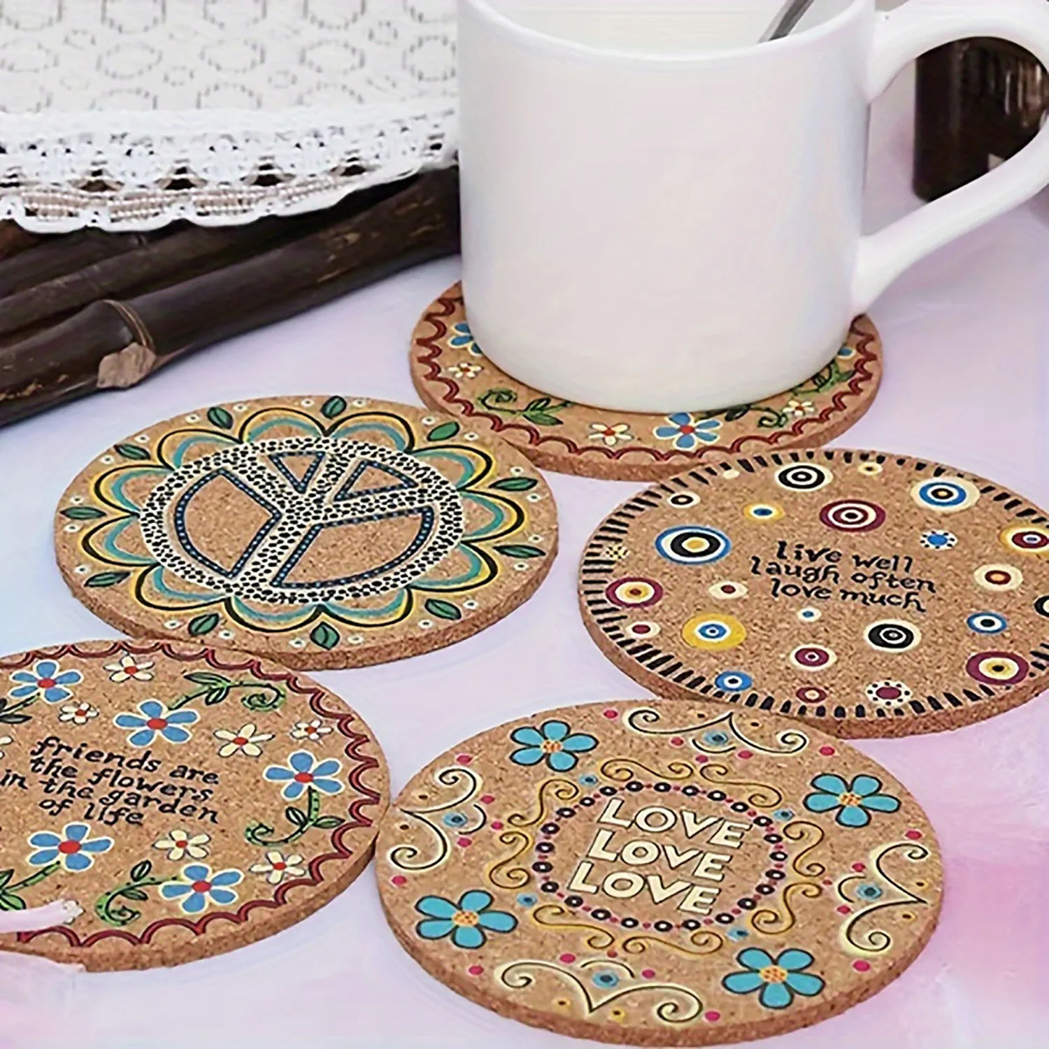 4pcs Heat Resistant Natural Cork Coasters and Placemats - Absorbent and Reusable for Cold Drinks, Wine Glasses, Plants, Cups, an