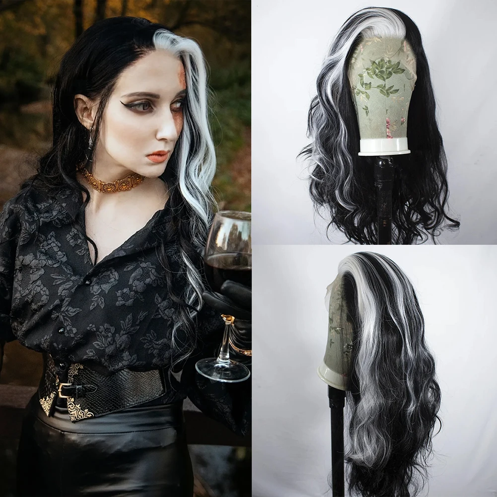 Perruque Lace Front Body Wave Synthétique Noire à Reflets Blancs pour Femme, Naissance des Cheveux Naturelle, Partie Libre, Perruques Cosplay