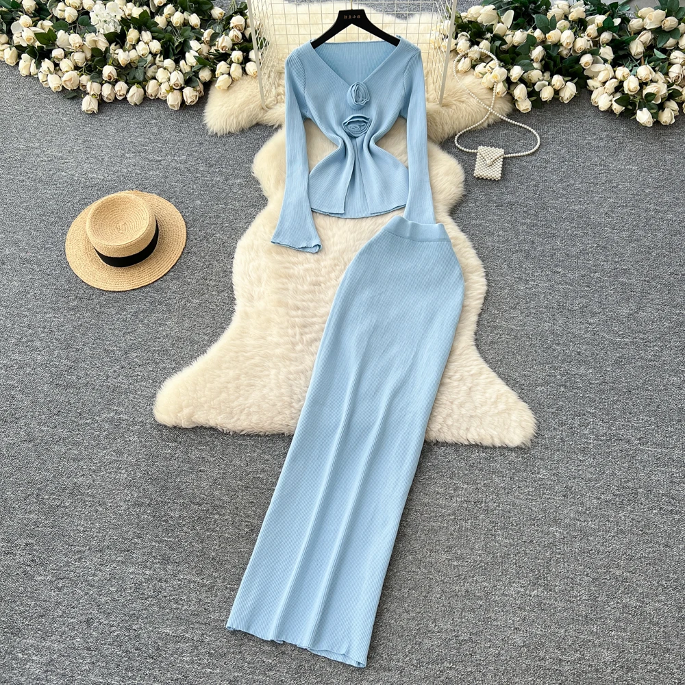 

Винтажная элегантная вязаная корейская модная женская одежда с длинными рукавами и v-образным вырезом с цветочным принтом, осенние платья, комплект из двух предметов