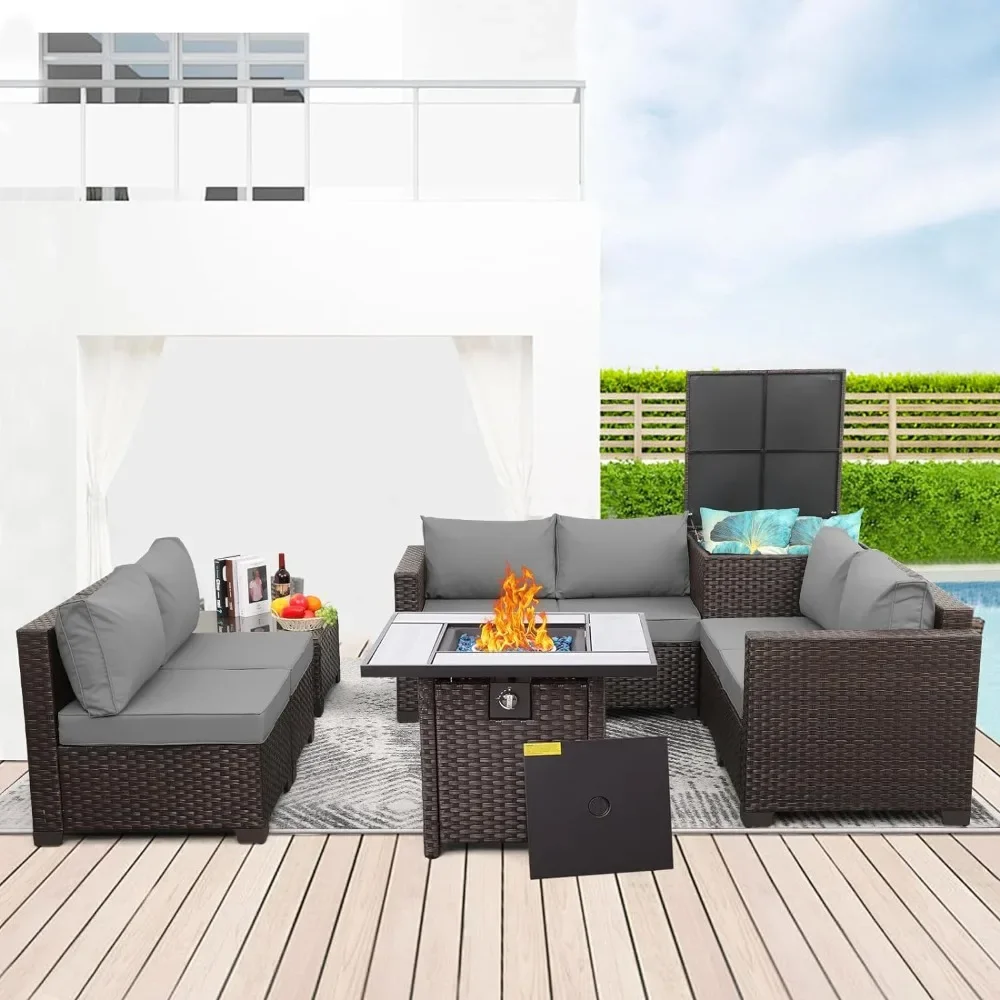 

7 Pieces Patio Furniture Set PE Wicker Outdoor Brown Rattan Sectional Sofa Loveseat Couch Conversation Sets with Storage Bin