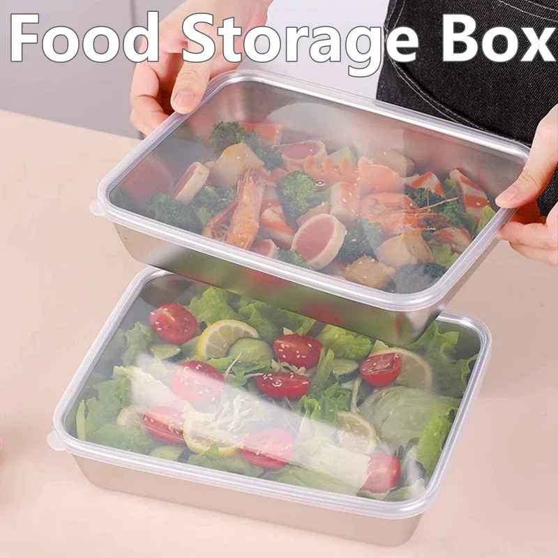 Food Storage Trays Rectangle Preservation Box with Plastic Cover Stainless Steel Multi-Function Rustproof Barbecue Food Storager