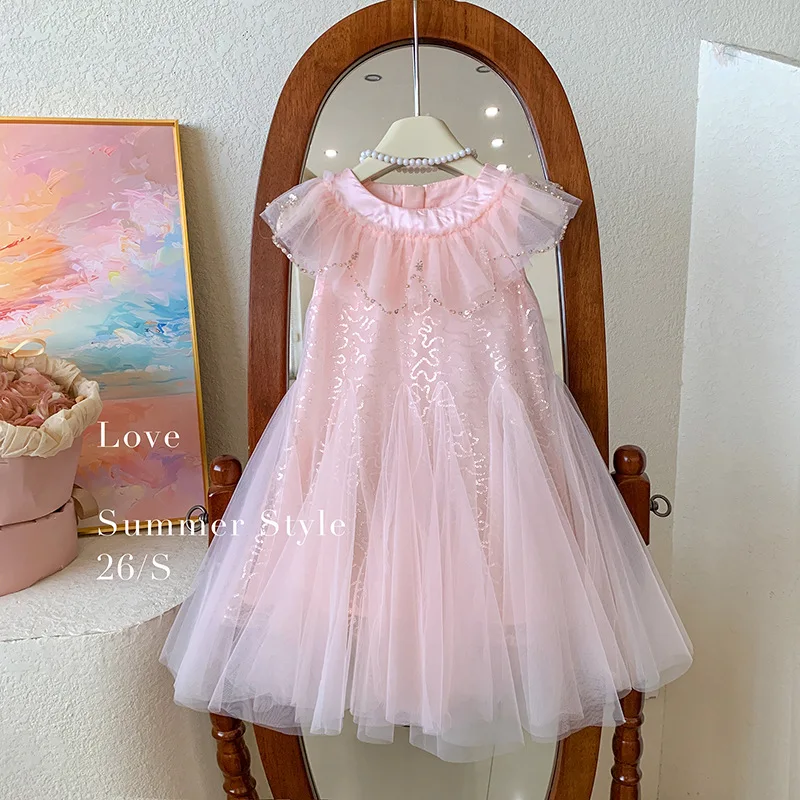 Girl Princess Dress 2026 Summer Children's Sweet Lotus Leaf Collar Fashion Glitter Birthday Mesh Dress