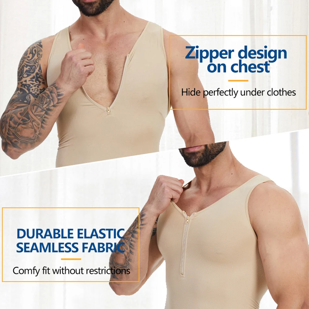 Zipper Sleeveless Bodysuit Men Full Body Shaper Compression Undershirt Shapewear Tummy Control Faja Para Hombres Slimming Vest