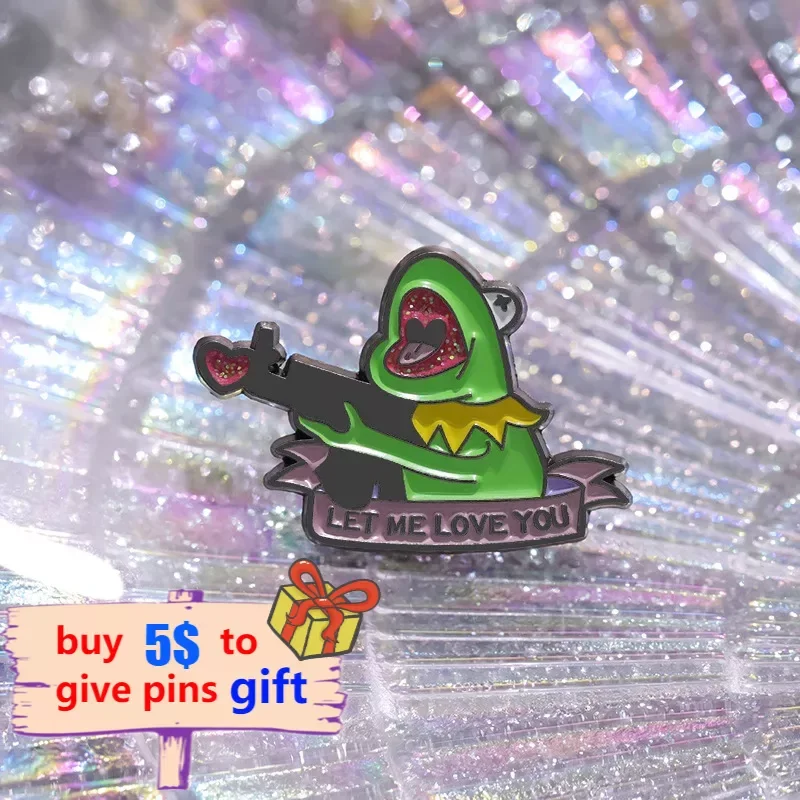 Sniper Frog Enamel Pins Let Me Love You Brooches Lapel Badges Shining Heart Animal Jewelry for Clothes Backpack Jewelry Gift