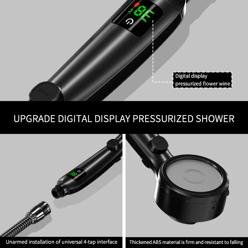 Shower Head LED Digital Temperature Display High Pressure Handheld Bathroom Water Saving Showerhead Pressurized Adjustable Spray