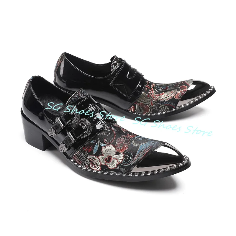 

Handmade Flowers Embroidery Loafers for Men Metal Pointed Toe Belt Buckle Leather Shoes Summer 2025 Male Casual Shoes