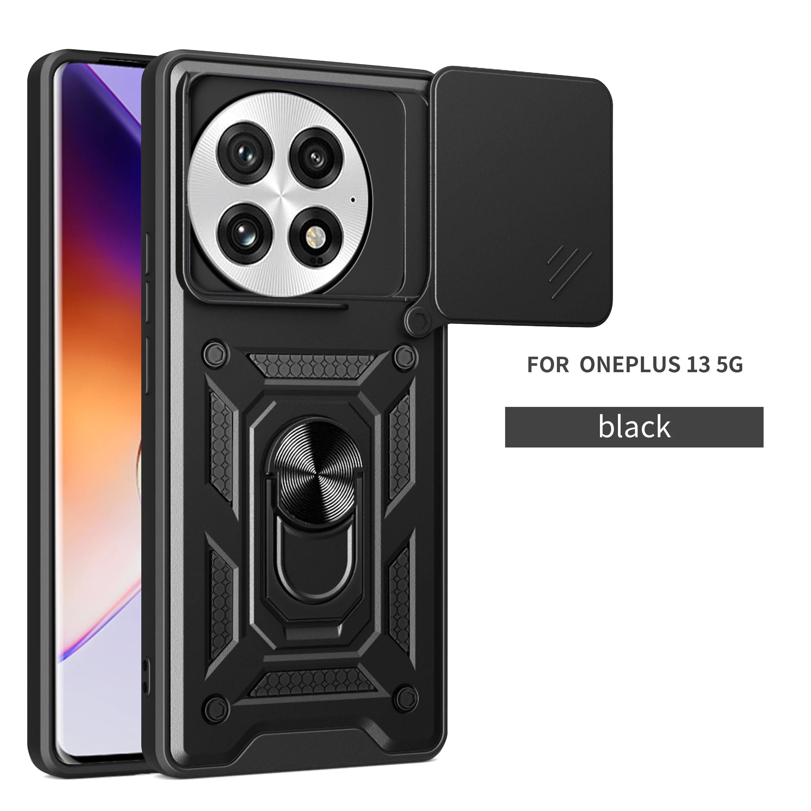 Für OnePlus 13R Hülle OnePlus 13 Cover 1+12R 1+12 OnePlus12 Magnetischer Ringhalter Panzer-Handyhülle Schiebe-Kameraschutz Rückseiten-Abdeckung