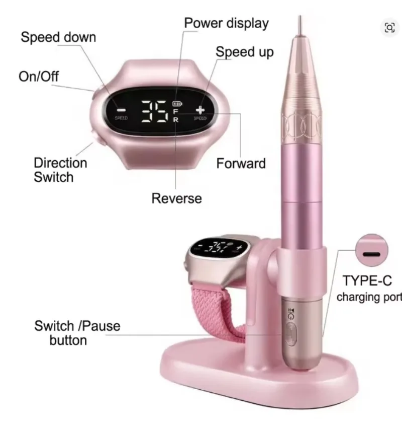 Wristband Controlled Electric Nail Drill 35000RPM Cordless Nail File Alloy Body Portable Efile for Manicure Salon Home Nail