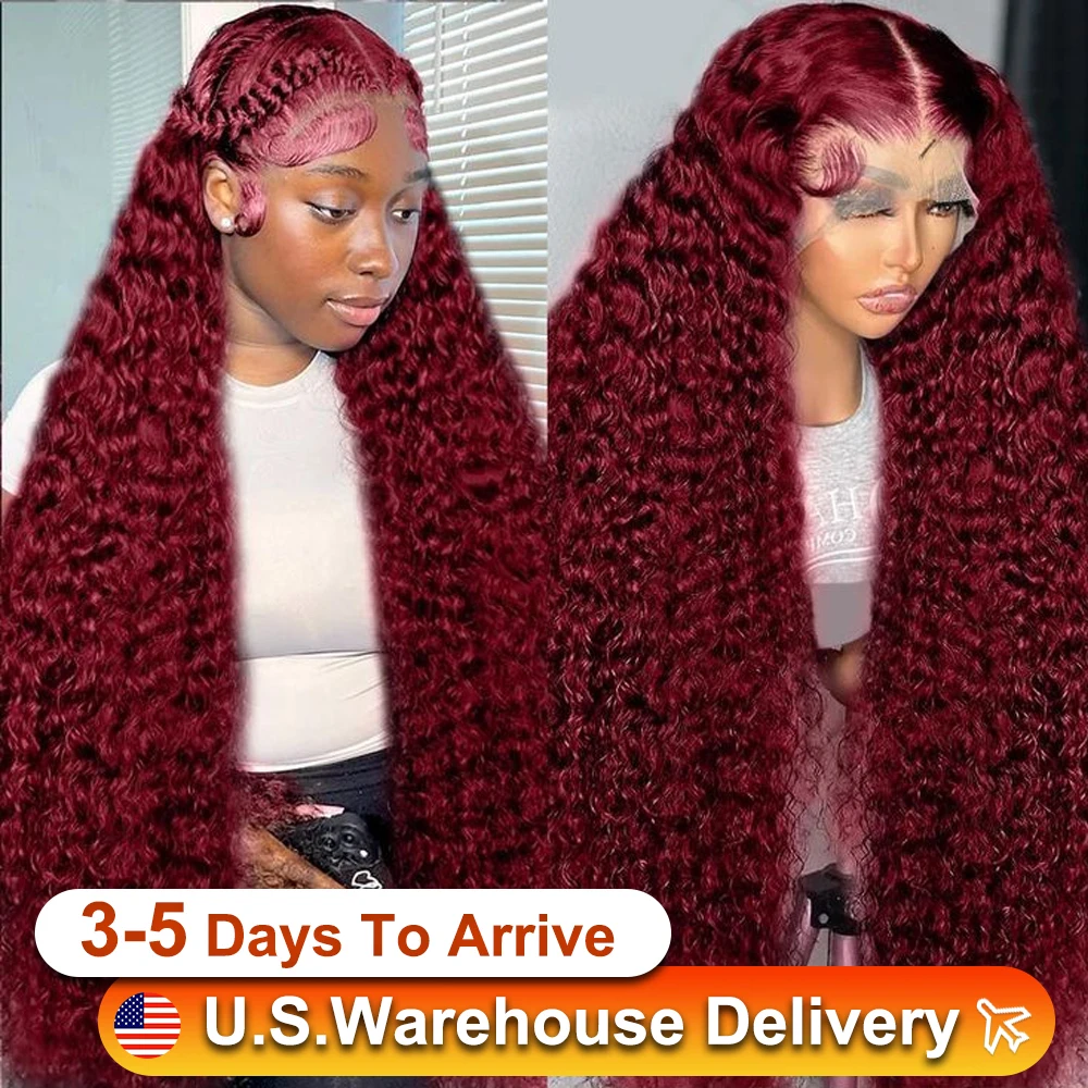 36 Inch 99J Burgundy Deep Wave 13x6 HD Transparent Lace Front Wigs Human Hair Burgundy Wig Wine Red Curly Lace Wig 210 Density