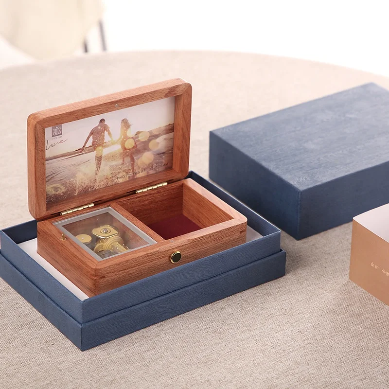 

2025 Wholesale Wooden Vintage Music Box Solid Wood Jewelry Box DIY Photo Save Memories Custom Engraving