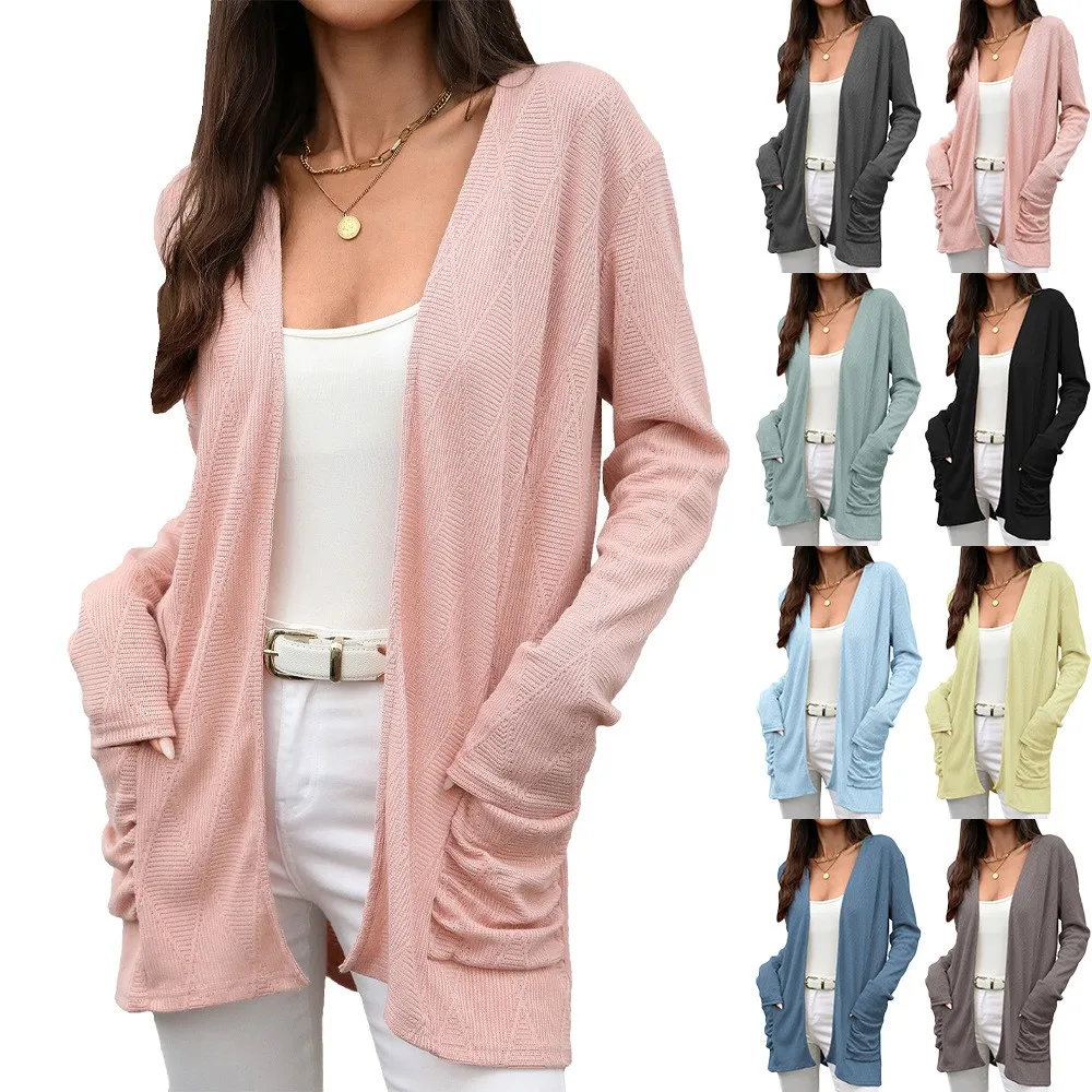 Women Cardigan Long Sleeve Solid Color Winter Clothes Woman Cardigans V Neck Pastel Pink Knit Cardigan Ribbed Open Front
