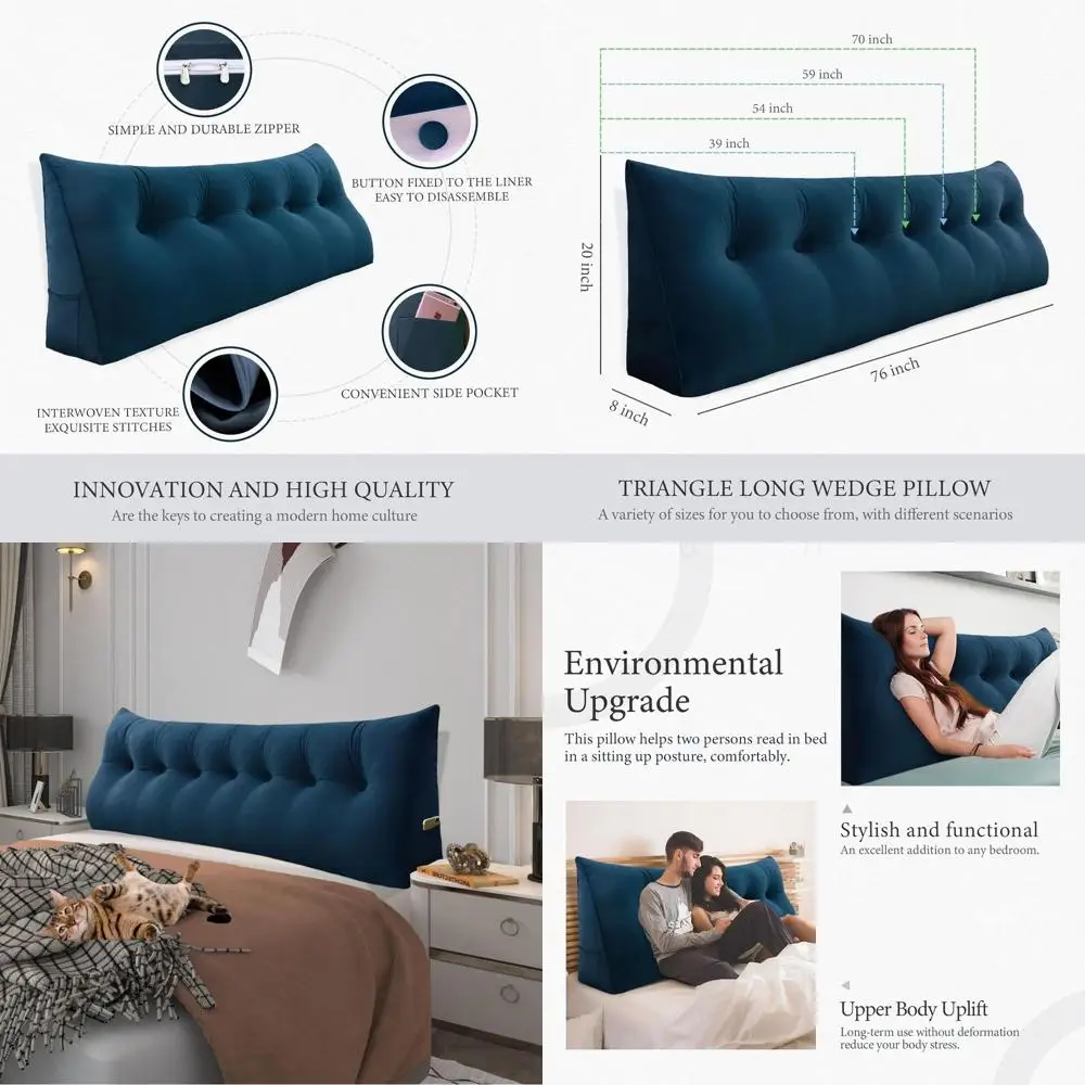 

Синяя бархатная подушка King Size на танкетке с карманами для спинки кровати и поддержки головы