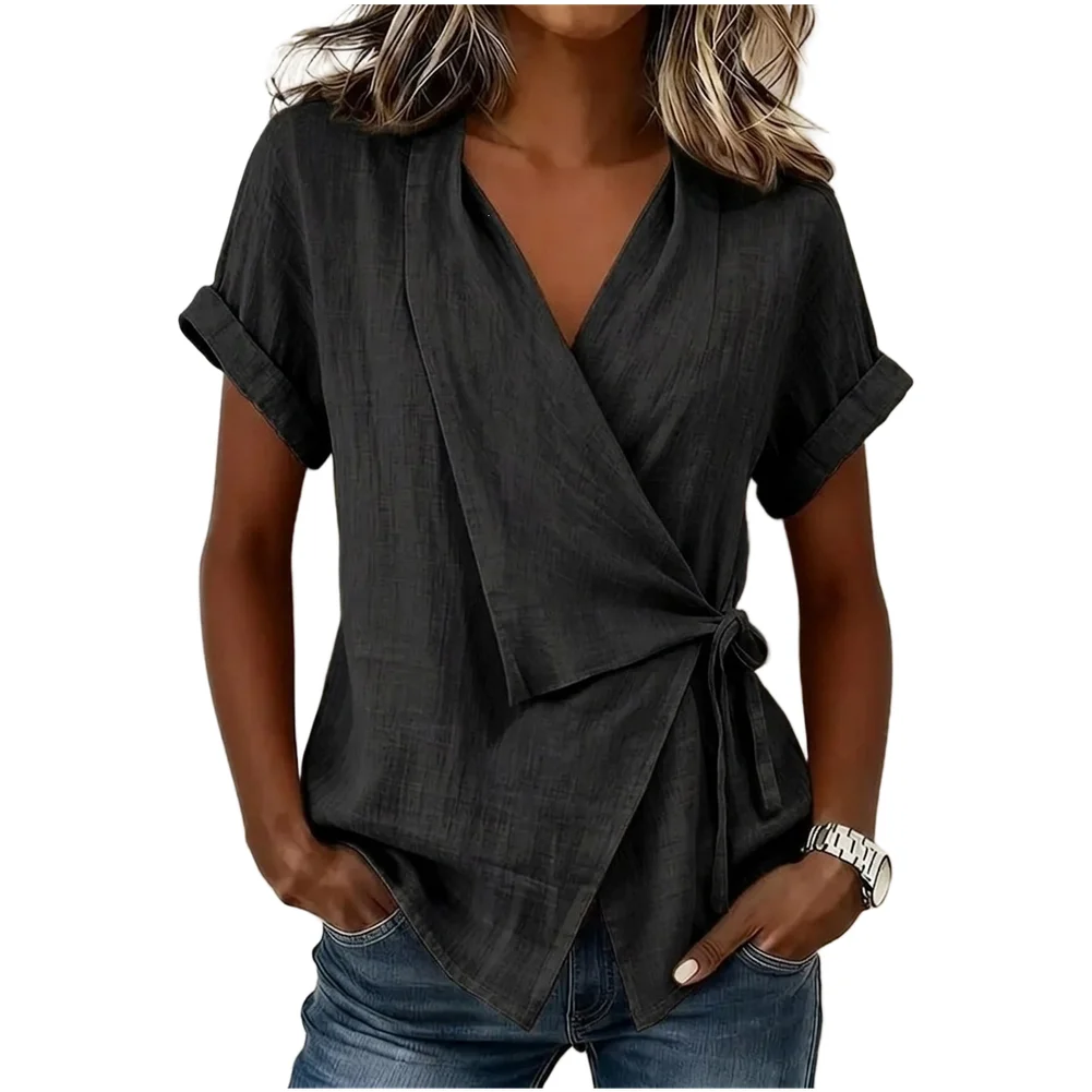 Solid Color V Neck Tie Front Short Sleeve Shirt for Women Summer Beach Vacation Cycling Yoga Outdoor Comfort Fit