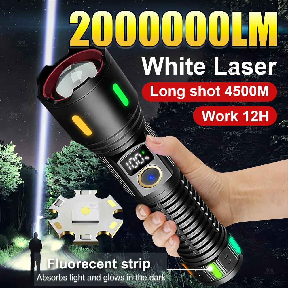 2000000LM White Laser Rechargeable LED Flashlight Fluorescent Strip Zoom High Power Flashlight Tactical Power Bank Camping light