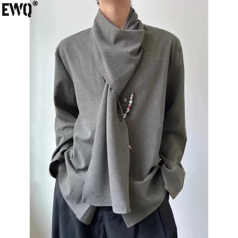 [EWQ] Chic Scarf Collar Design Loose Blouse Long Sleeve Double Breasted Solid Colors Shirts 2025 Spring Tops New Fashion 16O3822