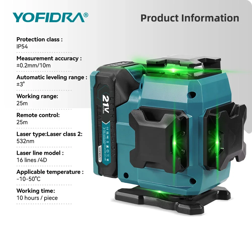 YOFIDRA 4D 16 Linien Ultra Leistungsstarker Grüner Strahl 360 ° Selbstnivellierende horizontale Lasernivelliergeräte mit 1-Meter-Stativ für Makita 21V-Akkus – Detail 14