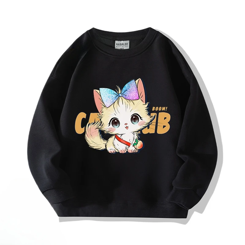 Autumn and Winter Casual and versatile children's pullover Cute kitten cartoon anime print Boys and girls round neck pullover