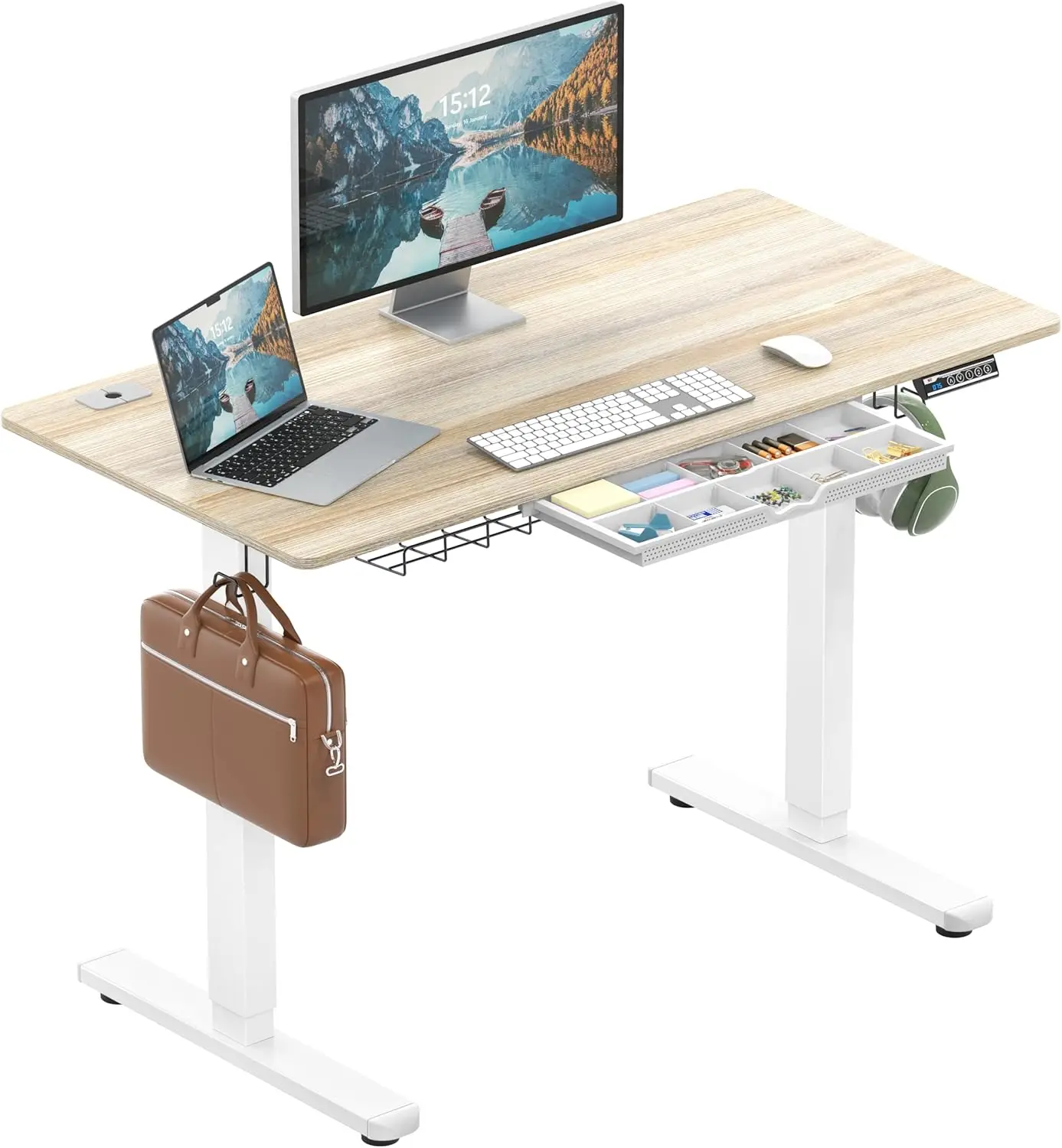 

48-Inch Electric Height Adjustable Standing Desk with Drawer, Memory Preset and Cable Management Tray, Maple