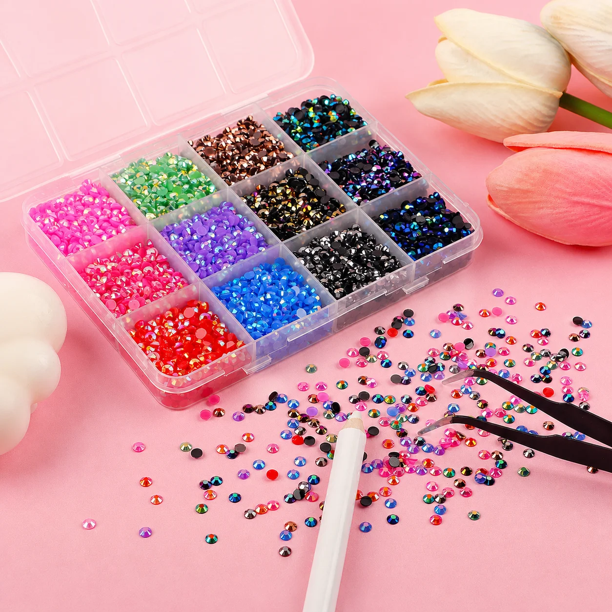 12 Grids 3mm Shiny Ab Color Flatback Round Resin Rhinestones Set With Tools For Nail Art Diy Craft Decoration