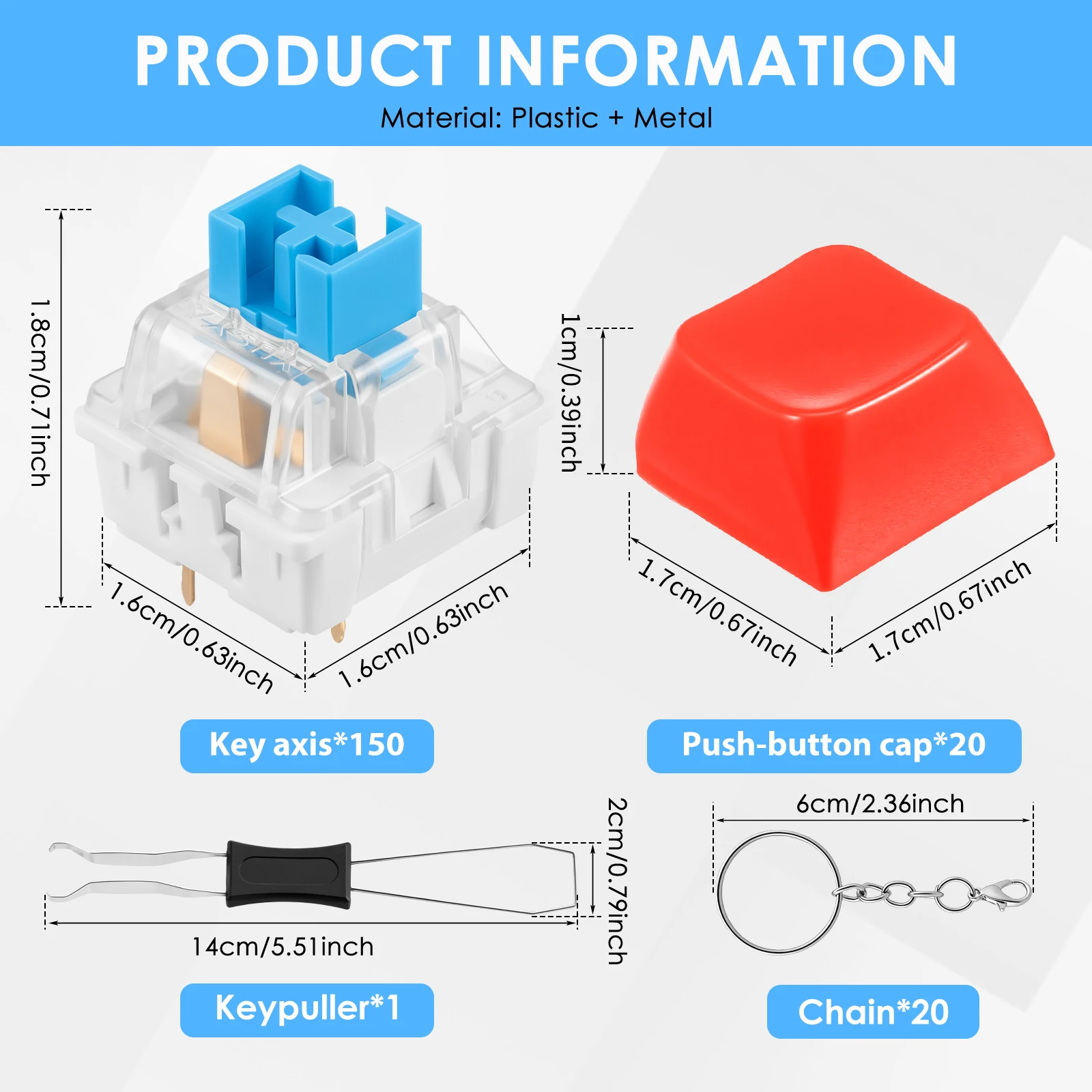150Pcs Blue Switches 3 Pin Mechanical Keyboard Switch 20 Colors Keycaps Keychains Puller For 3D Print Custom DIY Fidget Clicker