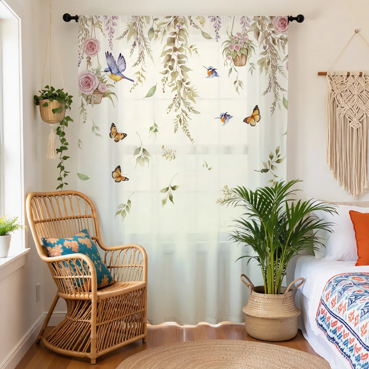 1 Pc Elegant Floral & Butterfly Sheer Curtain - Translucent, Light Reducing, Privacy, Rod Pocket, for Living/Bedroom/Kids Room