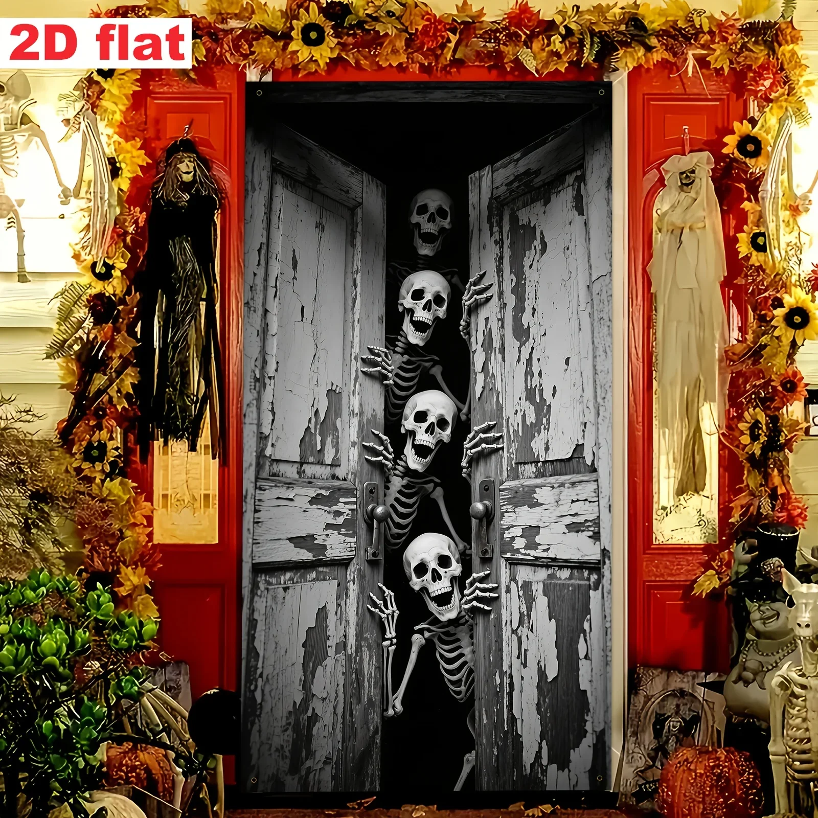 لافتة حفلة مسطحة ثنائية الأبعاد، ديكور إطار باب الهالوين - نمط رعب، تصميم مع مجموعة من الهياكل العظمية التي تفتح الباب.