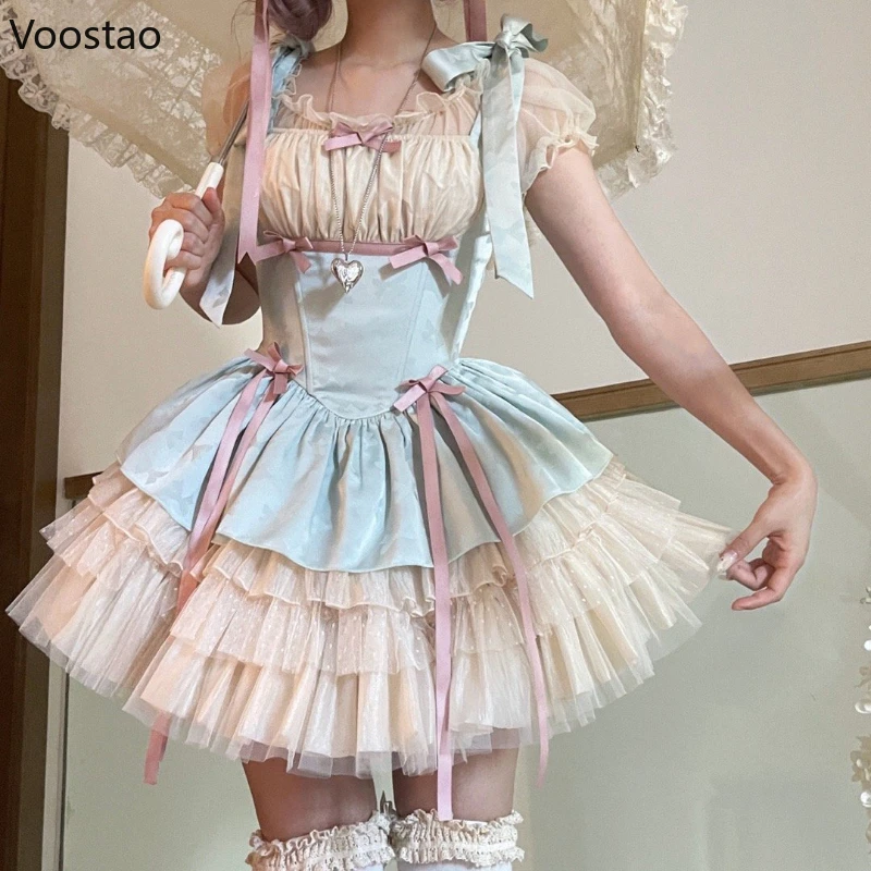 Sweet Lolita Jsk Dress Women Vintage Y2k Bow Ribbon Party Princess Dresses Japanese Girls Kawaii Ballet Style Mesh Mini Dress